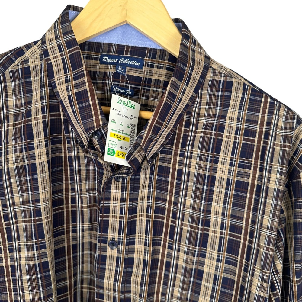 Report Collection Mens XL Plaid Button Down Shirt Navy Brown Tan Classic Fit NWT